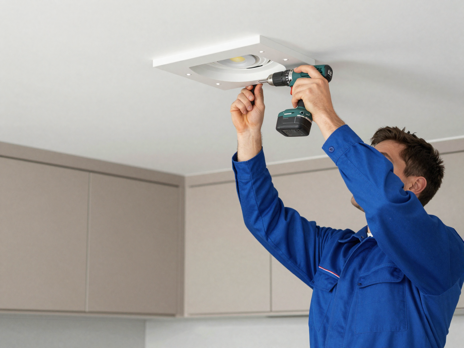 Electrician installing LED lighting fixture in modern kitchen